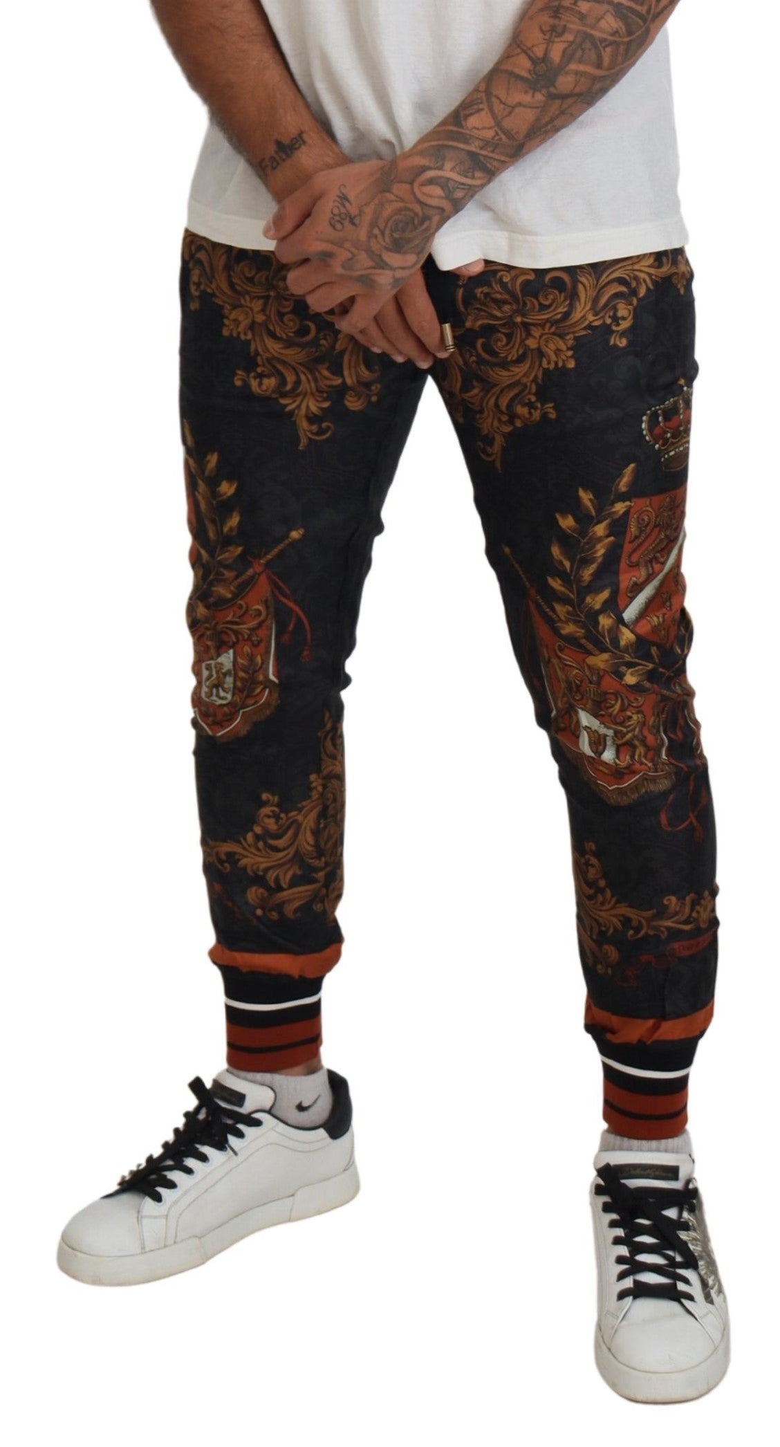 Dolce &amp; Gabbana Pantalon de sport en soie grise avec couronne baroque