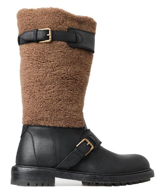 Dolce &amp; Gabbana Bottes en peau de mouton marron en cuir noir