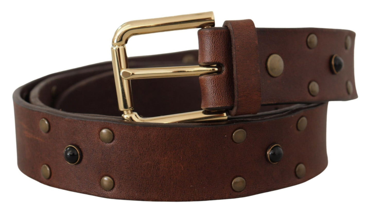 Dolce &amp; Gabbana Ceinture à boucle en métal doré cloutée en cuir marron