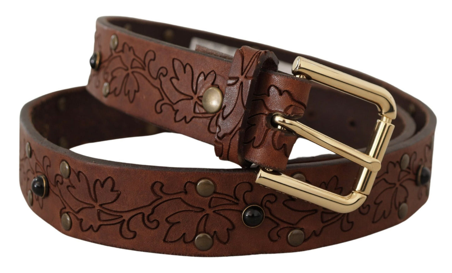 Dolce &amp; Gabbana Ceinture à boucle en métal cloutée à fleurs en cuir marron