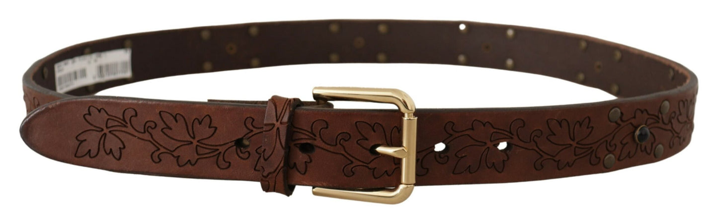 Dolce &amp; Gabbana Ceinture à boucle en métal cloutée à fleurs en cuir marron