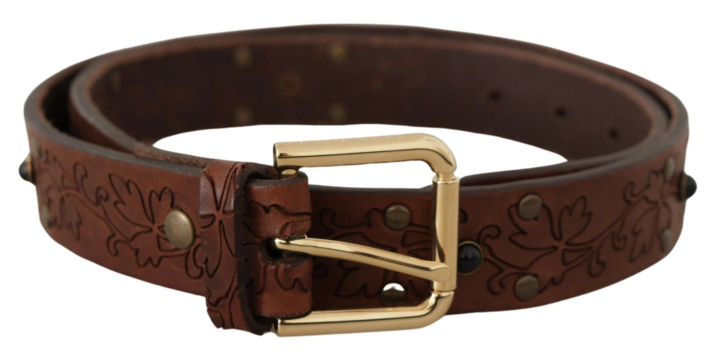 Dolce &amp; Gabbana Ceinture à boucle en métal cloutée à fleurs en cuir marron