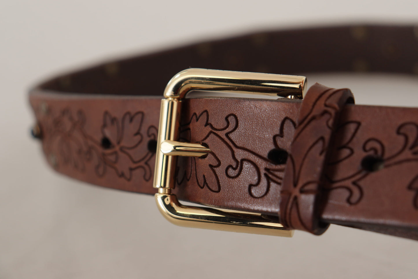 Dolce &amp; Gabbana Ceinture à boucle en métal cloutée à fleurs en cuir marron