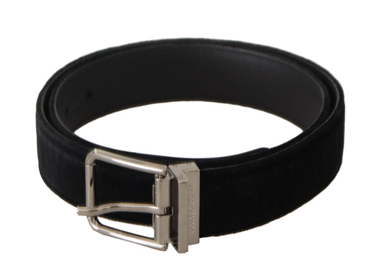 Dolce &amp; Gabbana Ceinture à boucle en métal gravé avec logo argenté en velours noir