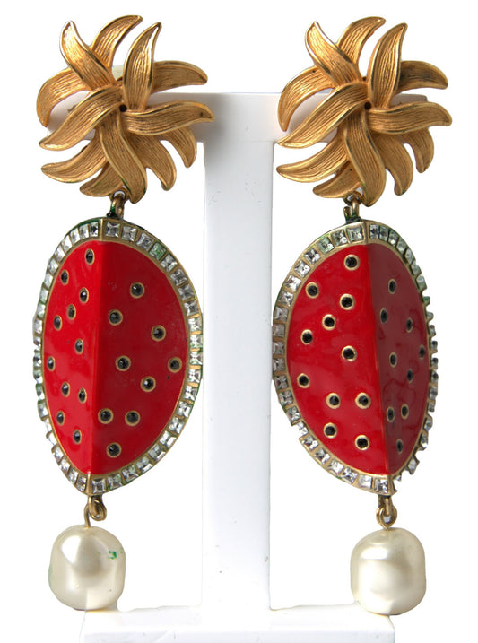 Dolce &amp; Gabbana Boucles d'oreilles pendantes à clip en cristal et laiton doré pastèque rouge