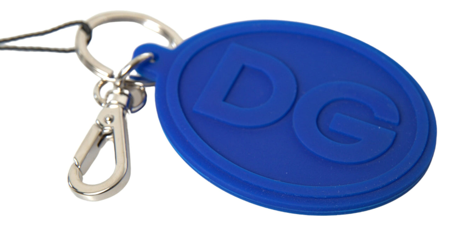 Dolce &amp; Gabbana Blue Rubber DG Logo Silber Messing Metall Schlüsselanhänger