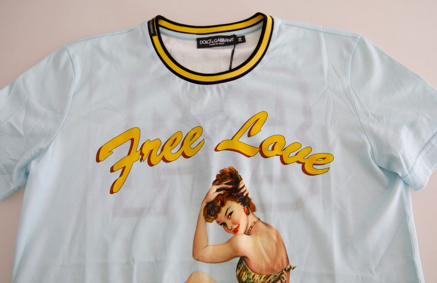 Dolce &amp; Gabbana T-shirt à col rond en coton bleu clair Free Love