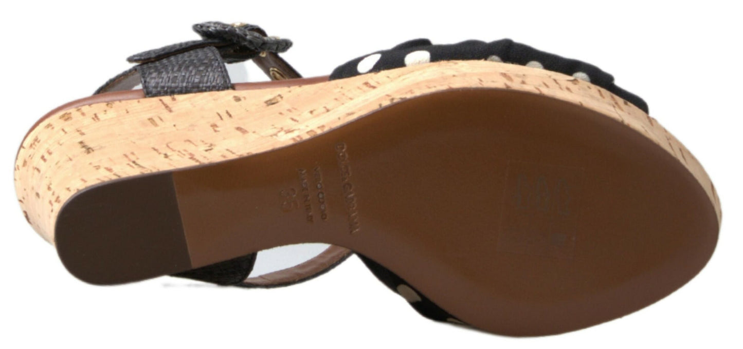 Dolce &amp; Gabbana Schwarze Keilabsatz-Sandalen mit gepunktetem Knöchelriemen