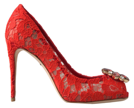 Dolce &amp; Gabbana Rouge Taormina Dentelle Talons En Cristal Escarpins Chaussures