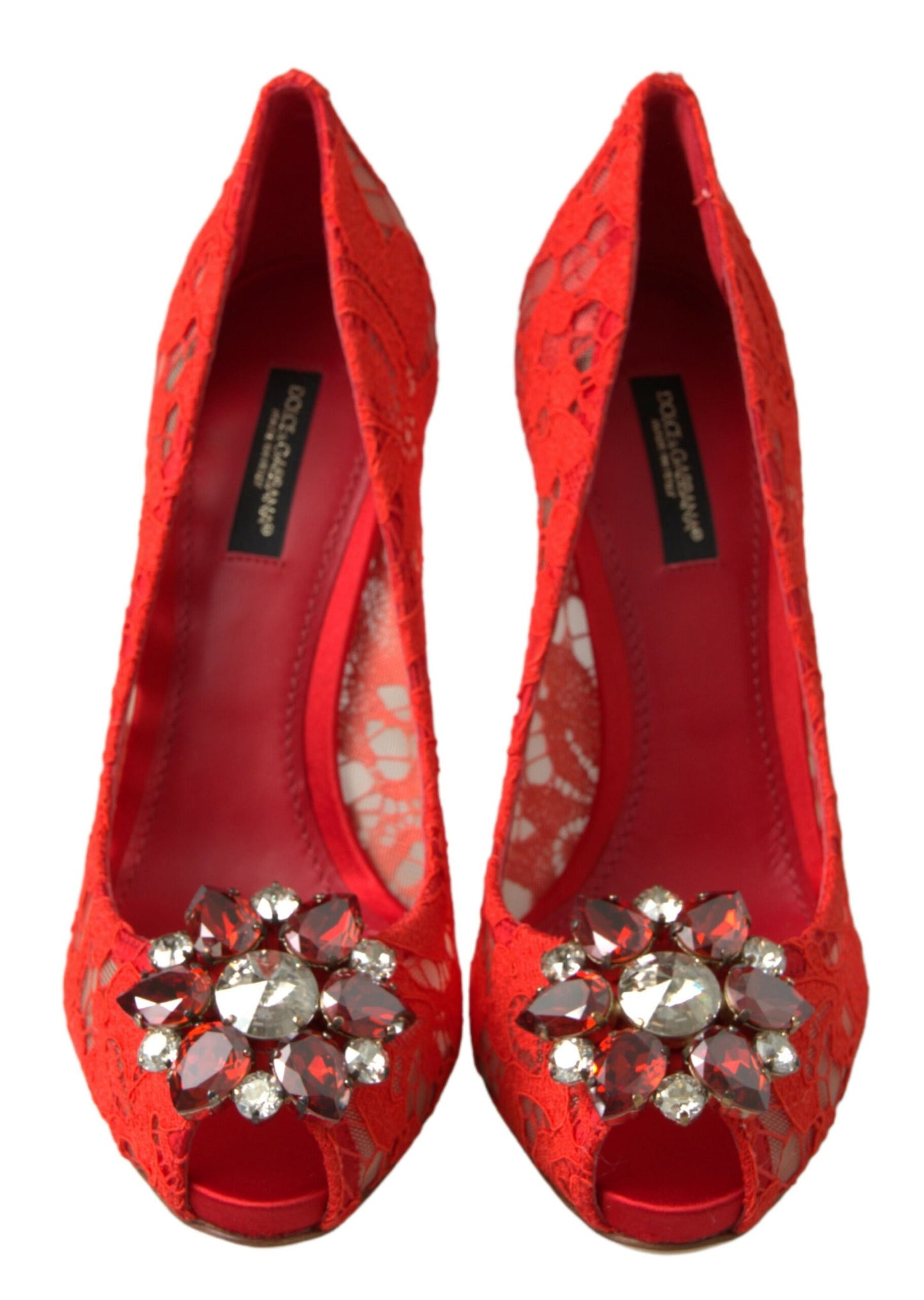 Dolce &amp; Gabbana Rouge Taormina Dentelle Talons En Cristal Escarpins Chaussures