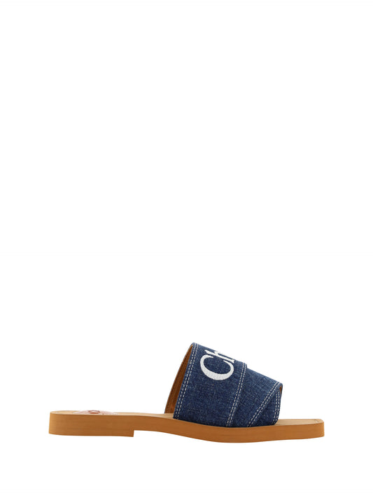 Chloé Denim Blue Cotton Slides Woody Sandalen