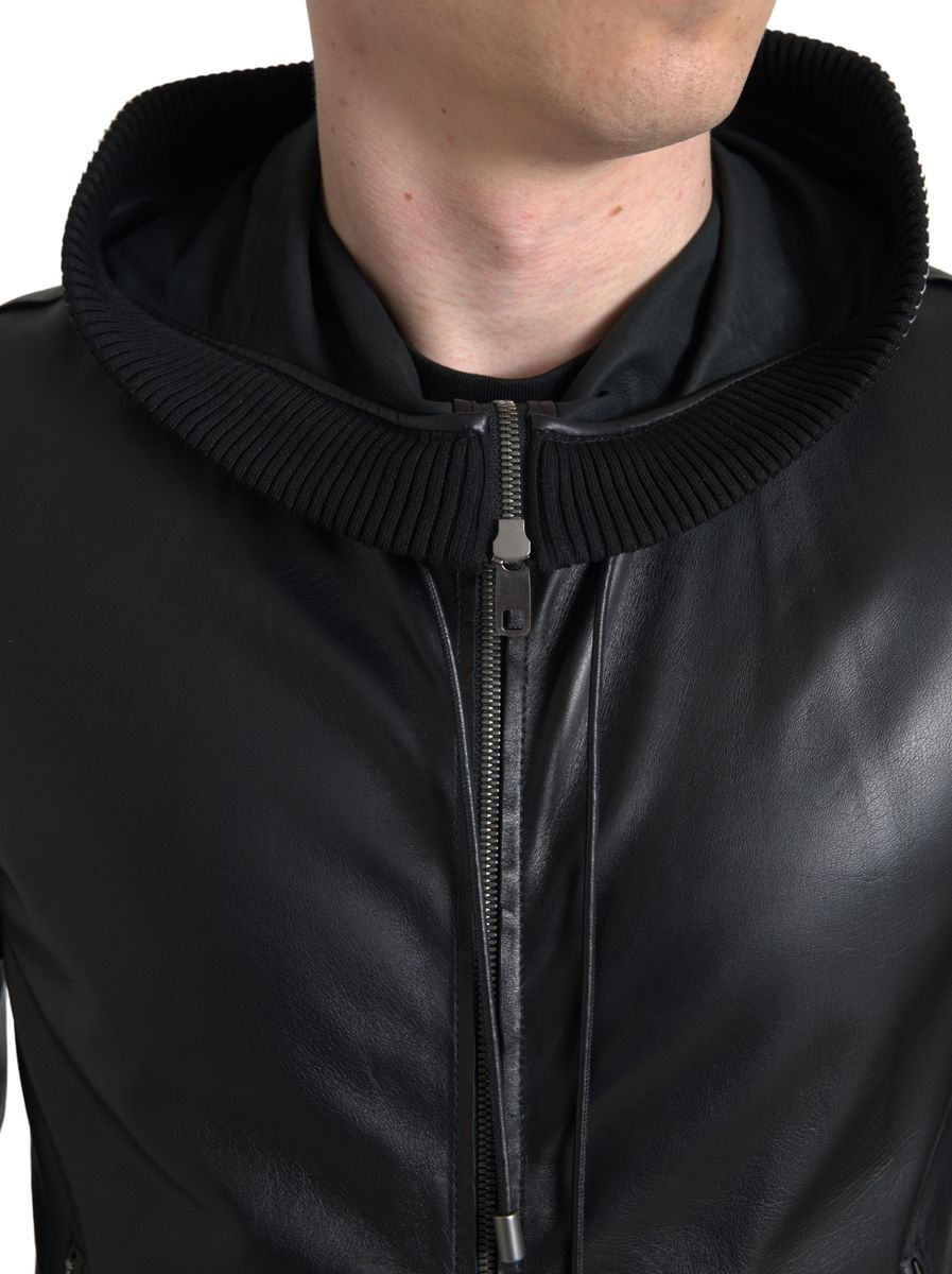 Dolce &amp; Gabbana Veste à capuche en cuir noir avec fermeture éclair complète pour homme