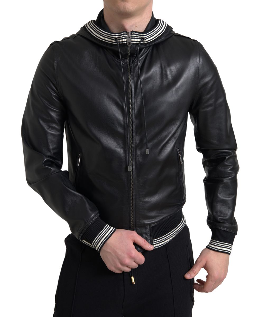 Dolce &amp; Gabbana Veste à capuche en cuir noir avec fermeture éclair complète pour homme