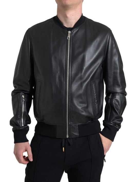 Dolce &amp; Gabbana Veste Bomber En Cuir Noir À Fermeture Éclair Complète Pour Homme