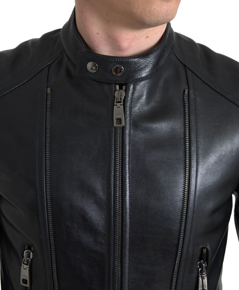 Dolce &amp; Gabbana Manteau à fermeture éclair en cuir noir Veste homme