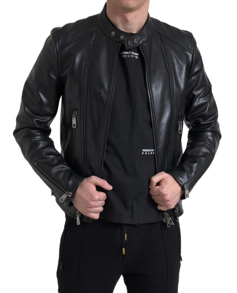 Dolce &amp; Gabbana Manteau à fermeture éclair en cuir noir Veste homme