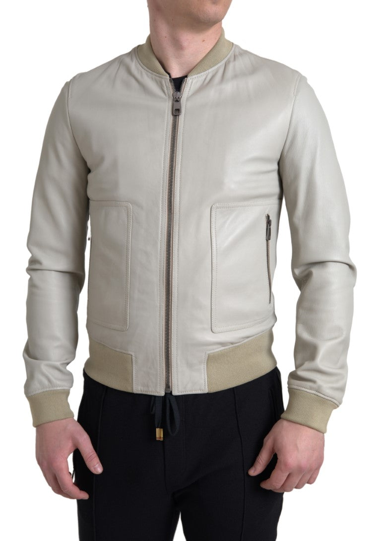 Dolce &amp; Gabbana Blouson aviateur en cuir crème avec fermeture éclair complète