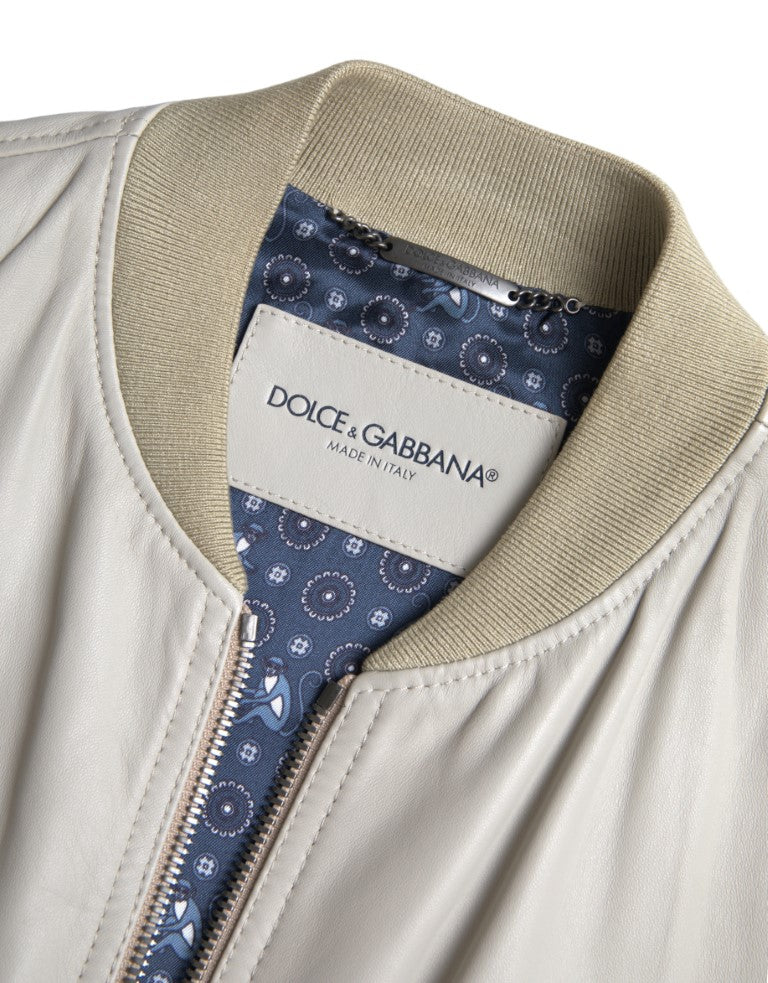 Dolce &amp; Gabbana Cremefarbene Leder-Bomberblouson-Jacke mit durchgehendem Reißverschluss