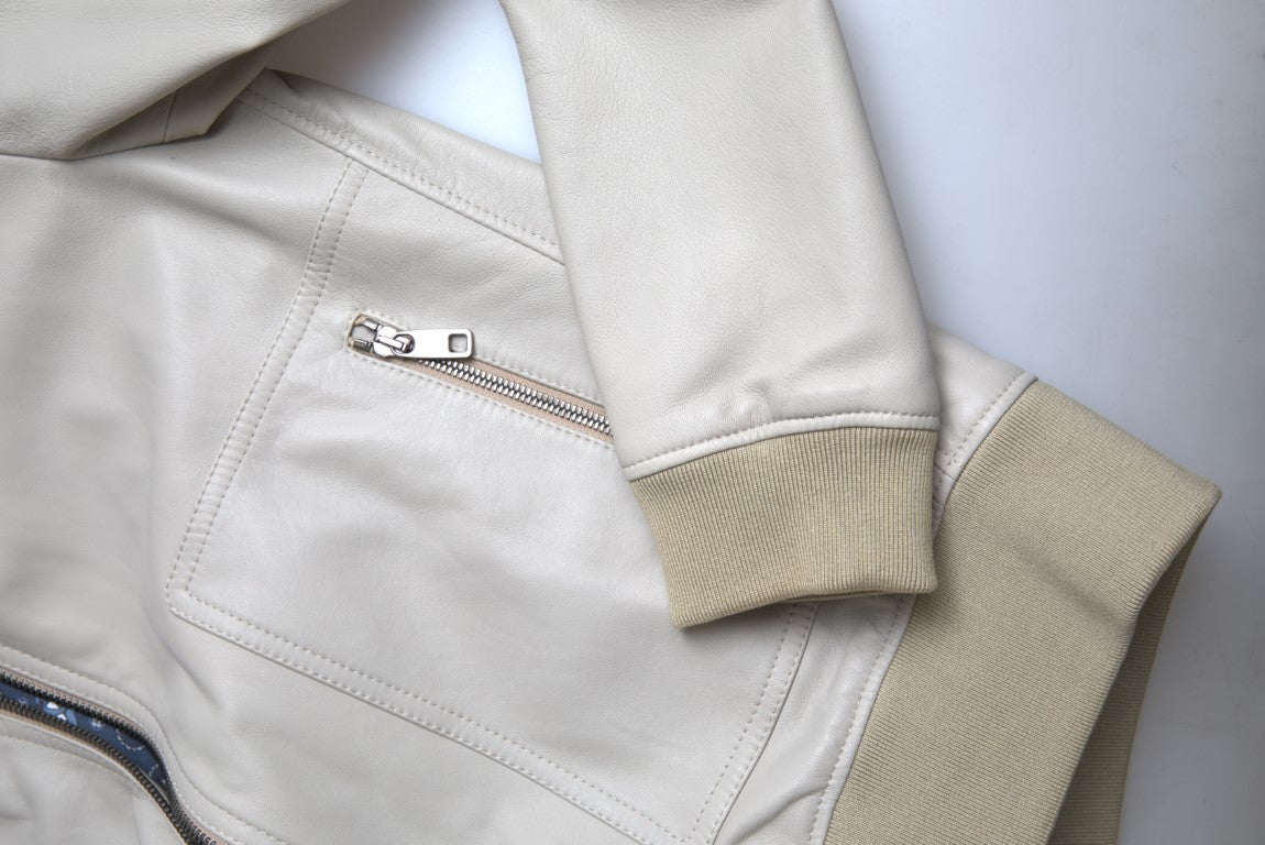 Dolce &amp; Gabbana Blouson aviateur en cuir crème avec fermeture éclair complète