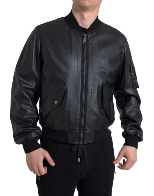 Dolce &amp; Gabbana Blouson aviateur en cuir noir entièrement zippé