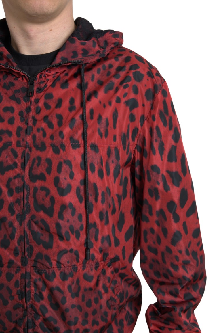 Dolce &amp; Gabbana Rote Leoparden-Bomberjacke mit Kapuze und durchgehendem Reißverschluss