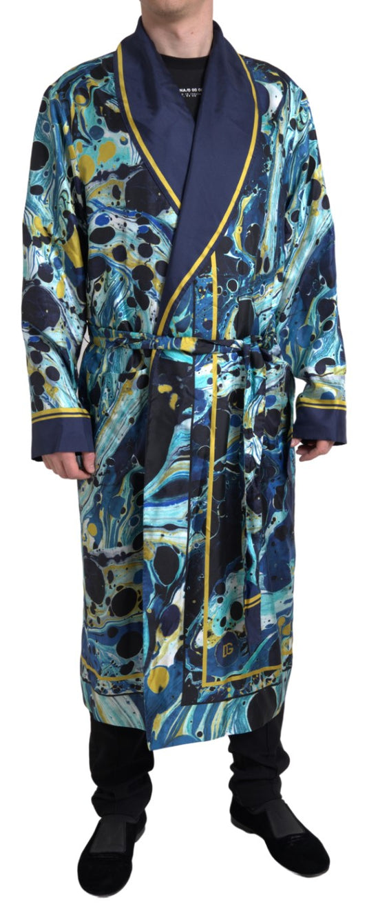 Dolce &amp; Gabbana Robe de nuit en soie bleue marbrée avec ceinture