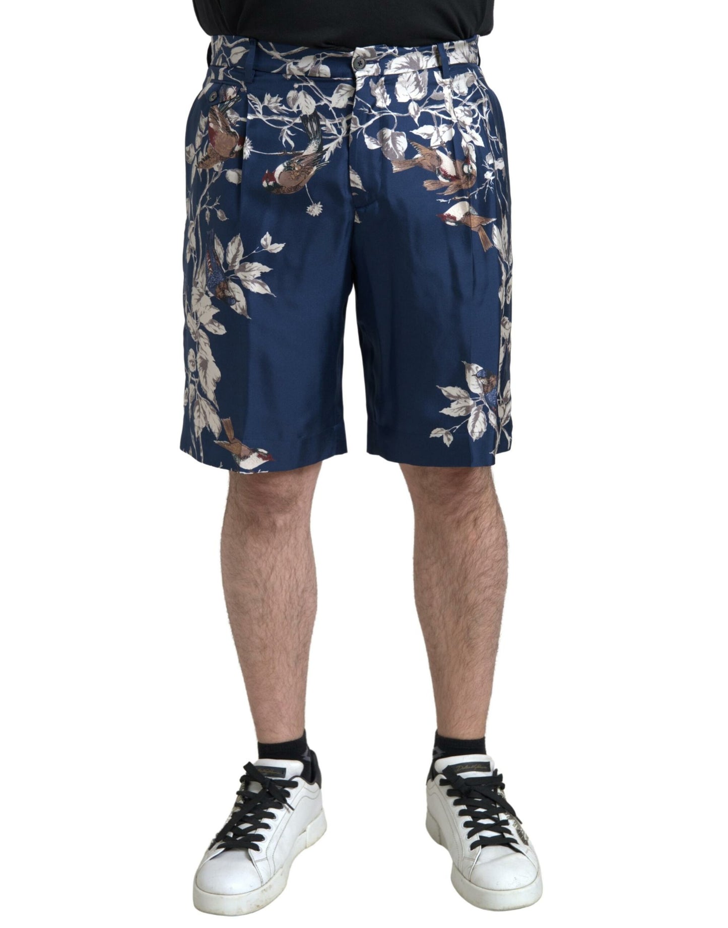 Dolce &amp; Gabbana Blaue Herren-Bermudashorts aus Seide mit Blumendruck