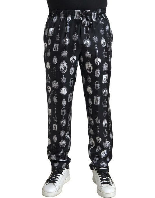 Dolce &amp; Gabbana Pantalon de jogging en soie à imprimé religieux noir Homme Pantalons