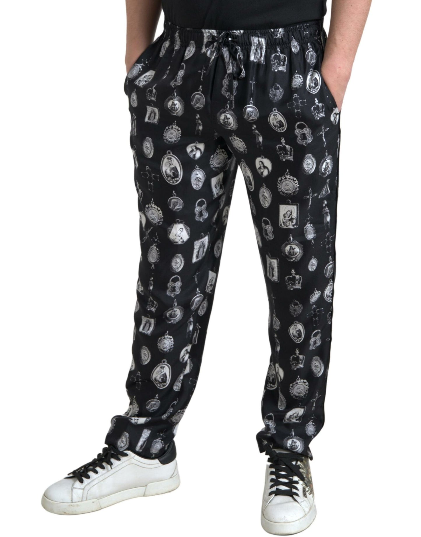 Dolce & Gabbana Elegant Silk Joggers with Religious Print