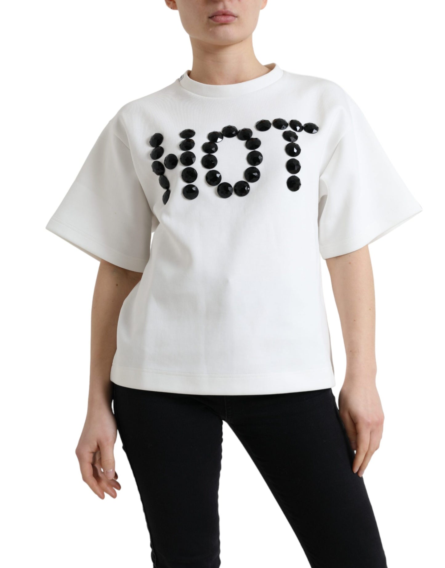 Dolce &amp; Gabbana T-shirt Coton Blanc Stretch Noir HOT Crystal