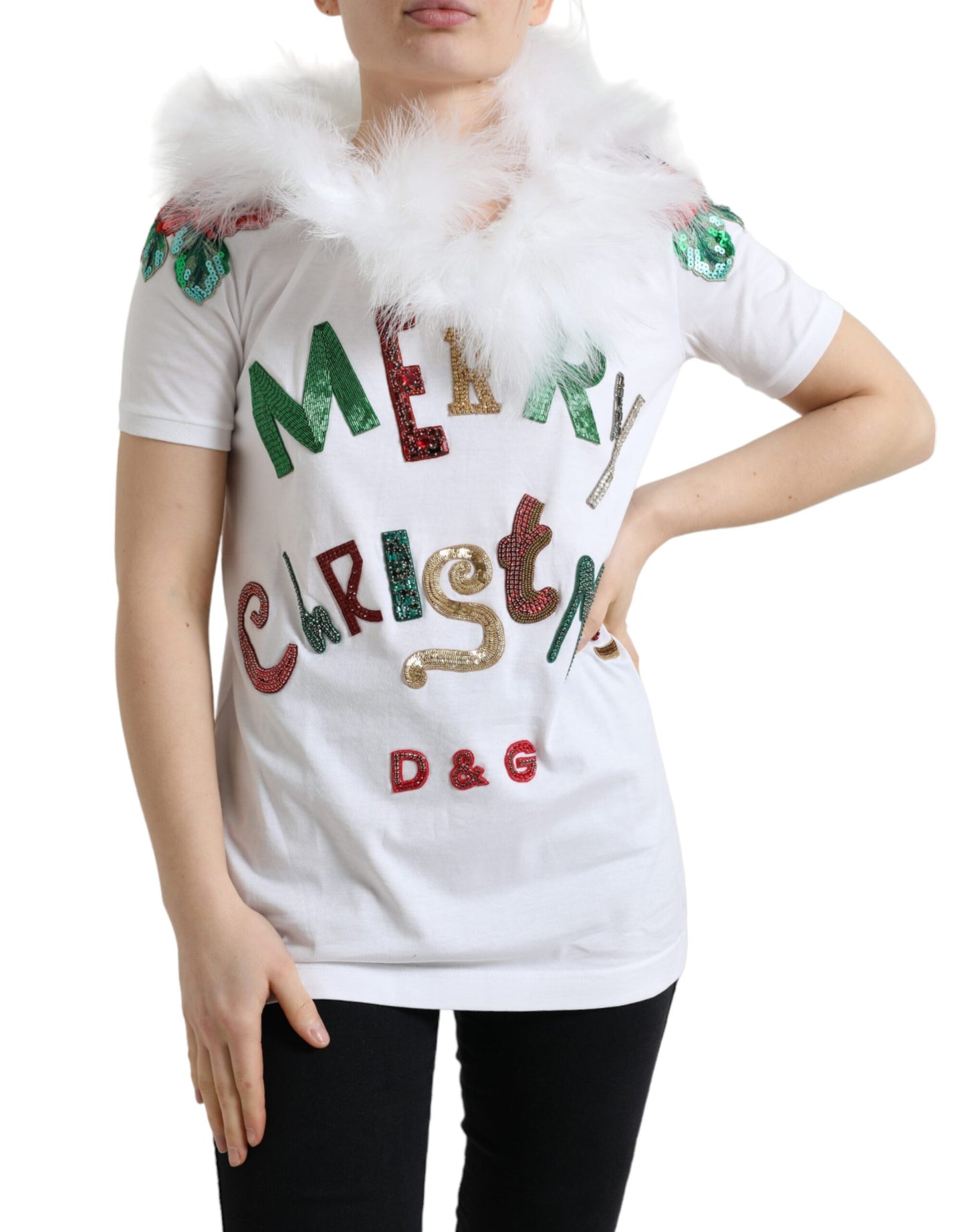 Dolce &amp; Gabbana T-shirt de Noël en fourrure à sequins en coton blanc