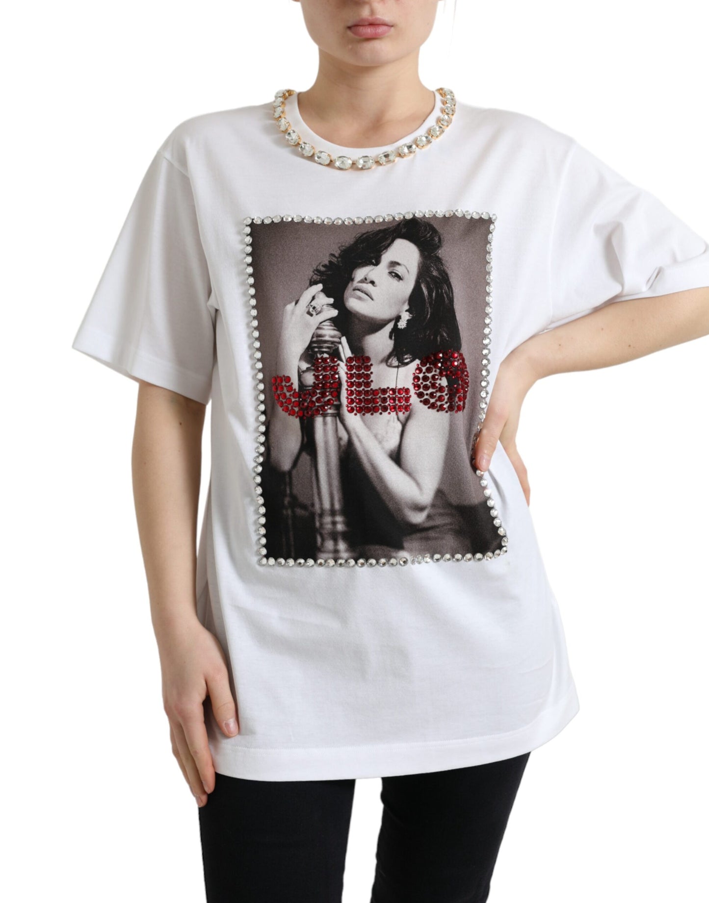 Dolce &amp; Gabbana T-shirt blanc imprimé à encolure en cristal