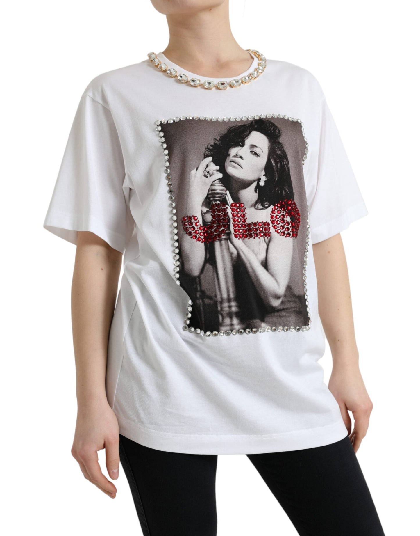 Dolce &amp; Gabbana T-shirt blanc imprimé à encolure en cristal