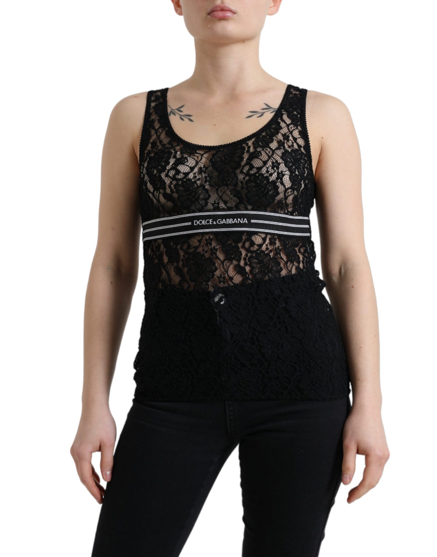 Dolce &amp; Gabbana Schwarzes, ärmelloses Tanktop mit Logo-Streifen und Spitze