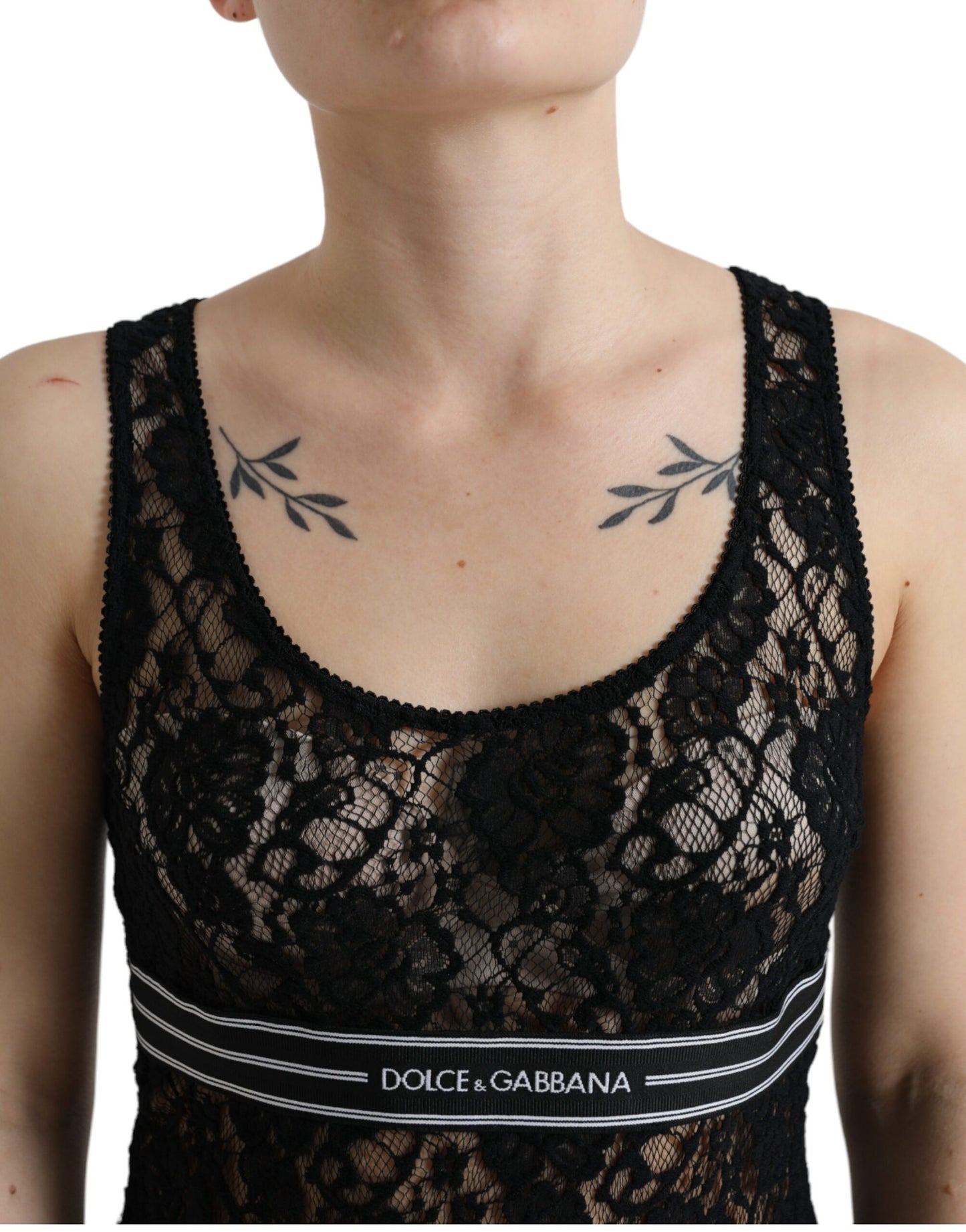 Dolce &amp; Gabbana Schwarzes, ärmelloses Tanktop mit Logo-Streifen und Spitze