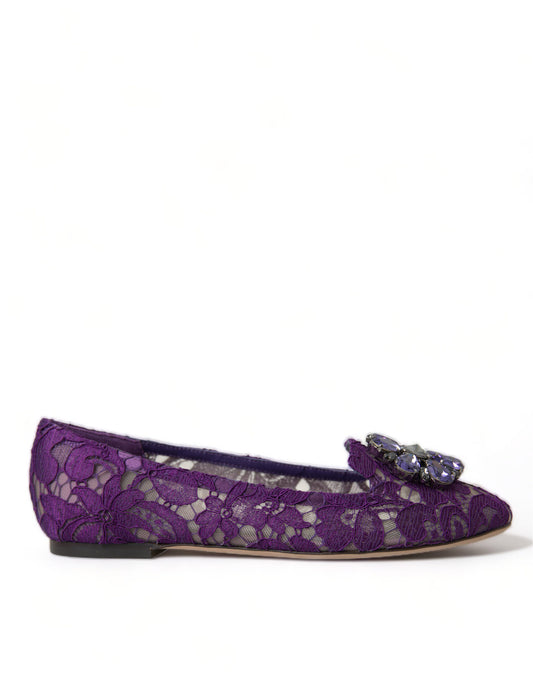 Dolce &amp; Gabbana Chaussures plates violettes Vally Taormina en dentelle et cristaux