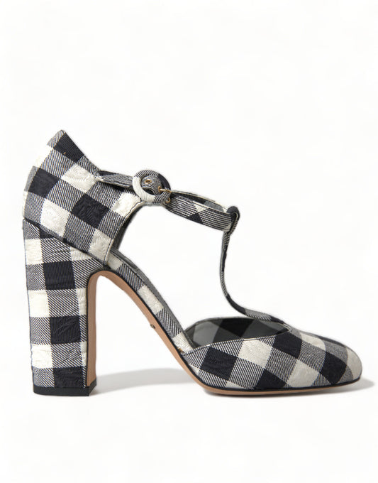 Dolce &amp; Gabbana Schwarz-weiße Gingham-Brokat-Mary-Janes-Schuhe