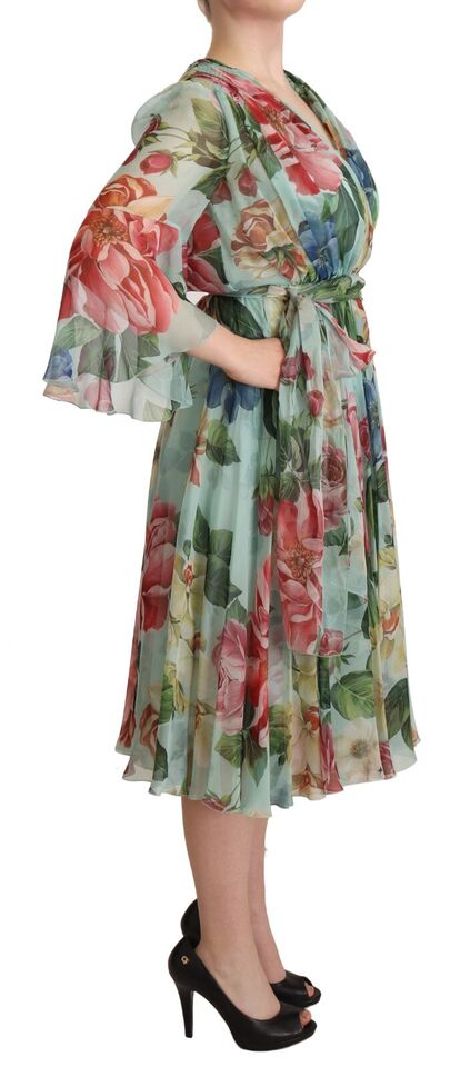 Dolce &amp; Gabbana Robe midi portefeuille en soie florale verte multicolore