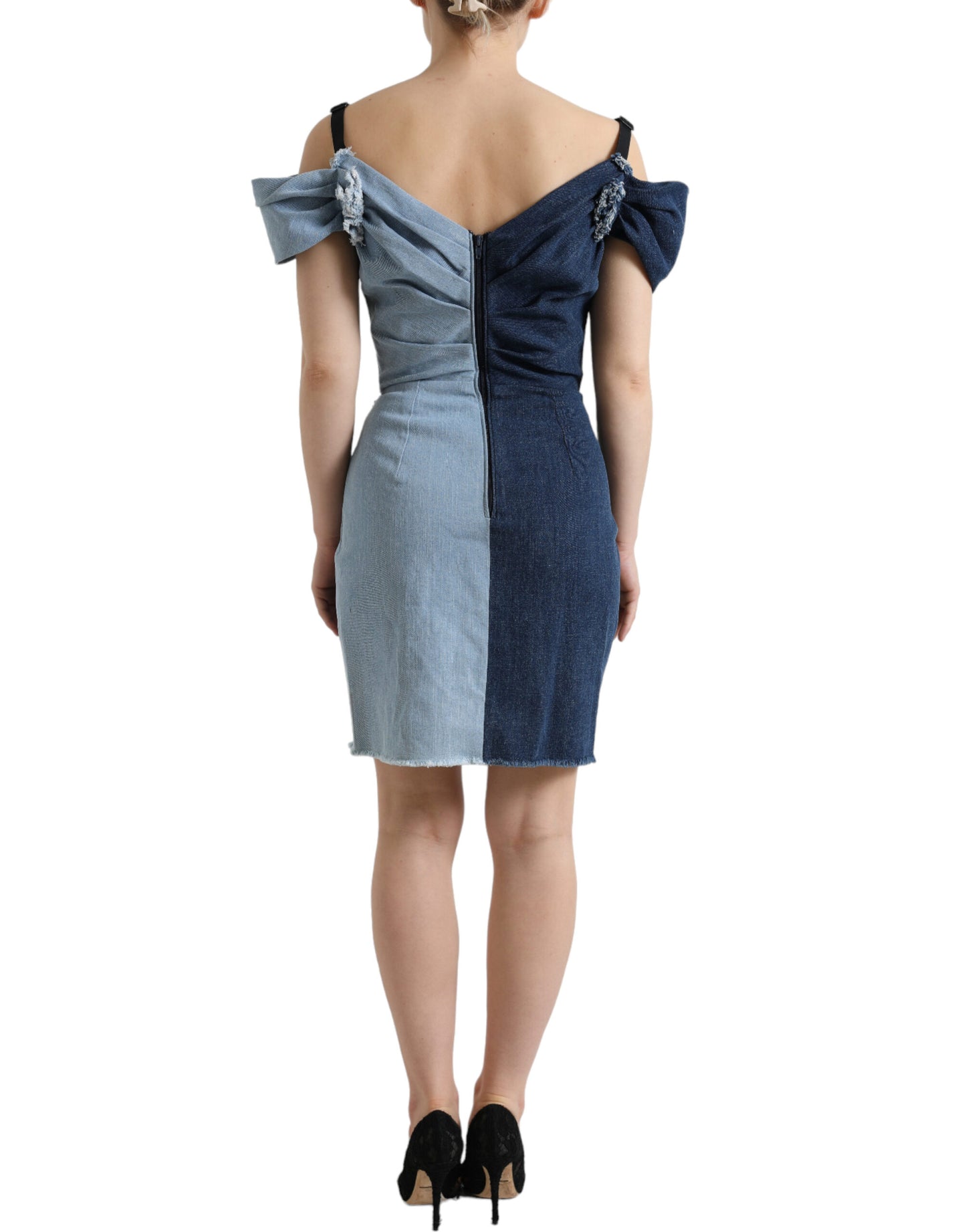 Dolce &amp; Gabbana Mini-robe en denim bicolore bleue patchwork