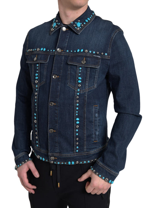 Dolce &amp; Gabbana Blue Denim Türkis Stones Nietenjacke