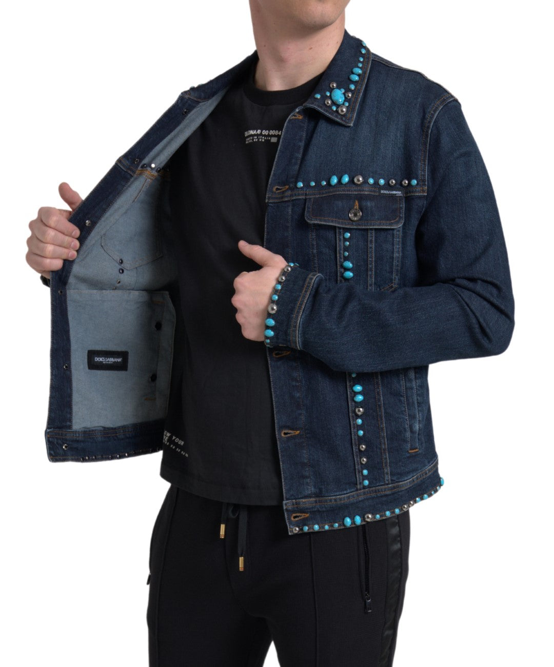 Dolce &amp; Gabbana Veste cloutée en denim bleu turquoise avec pierres