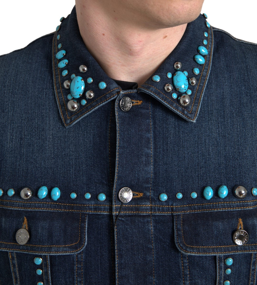 Dolce &amp; Gabbana Veste cloutée en denim bleu turquoise avec pierres