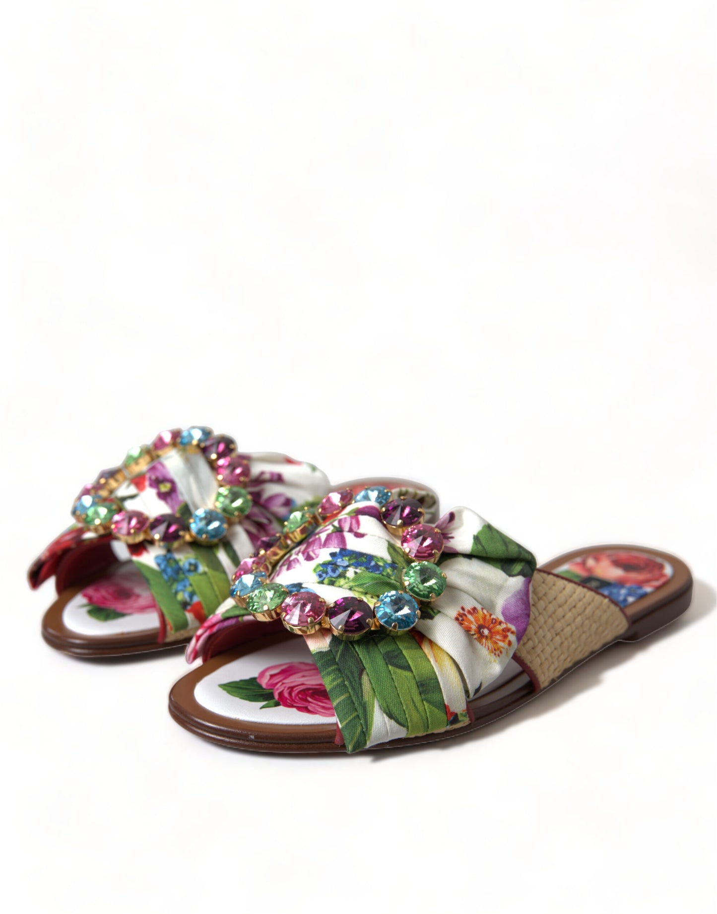 Dolce &amp; Gabbana Mehrfarbige Blumen-Flats-Kristall-Sandalen-Schuhe