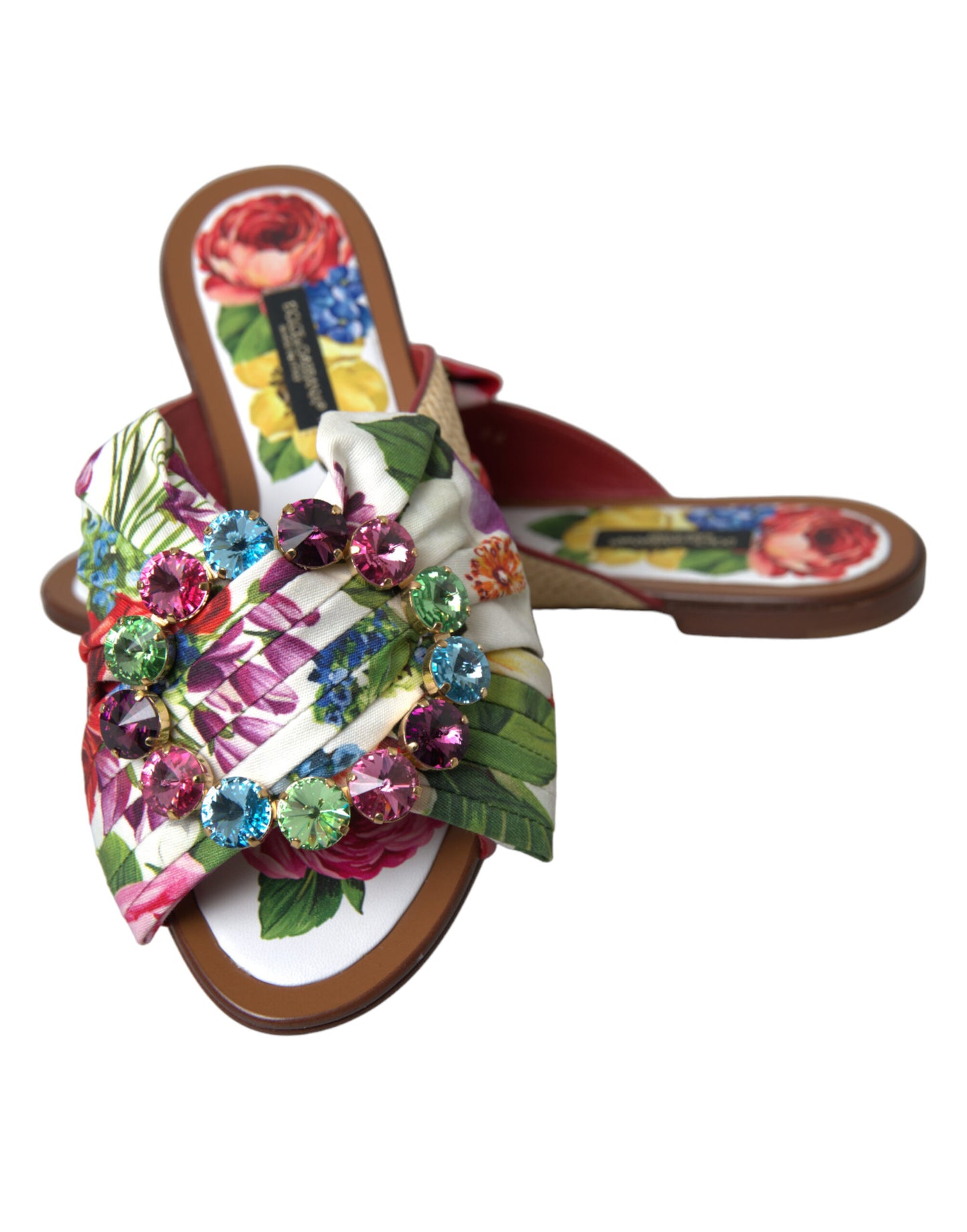 Dolce &amp; Gabbana Mehrfarbige Blumen-Flats-Kristall-Sandalen-Schuhe