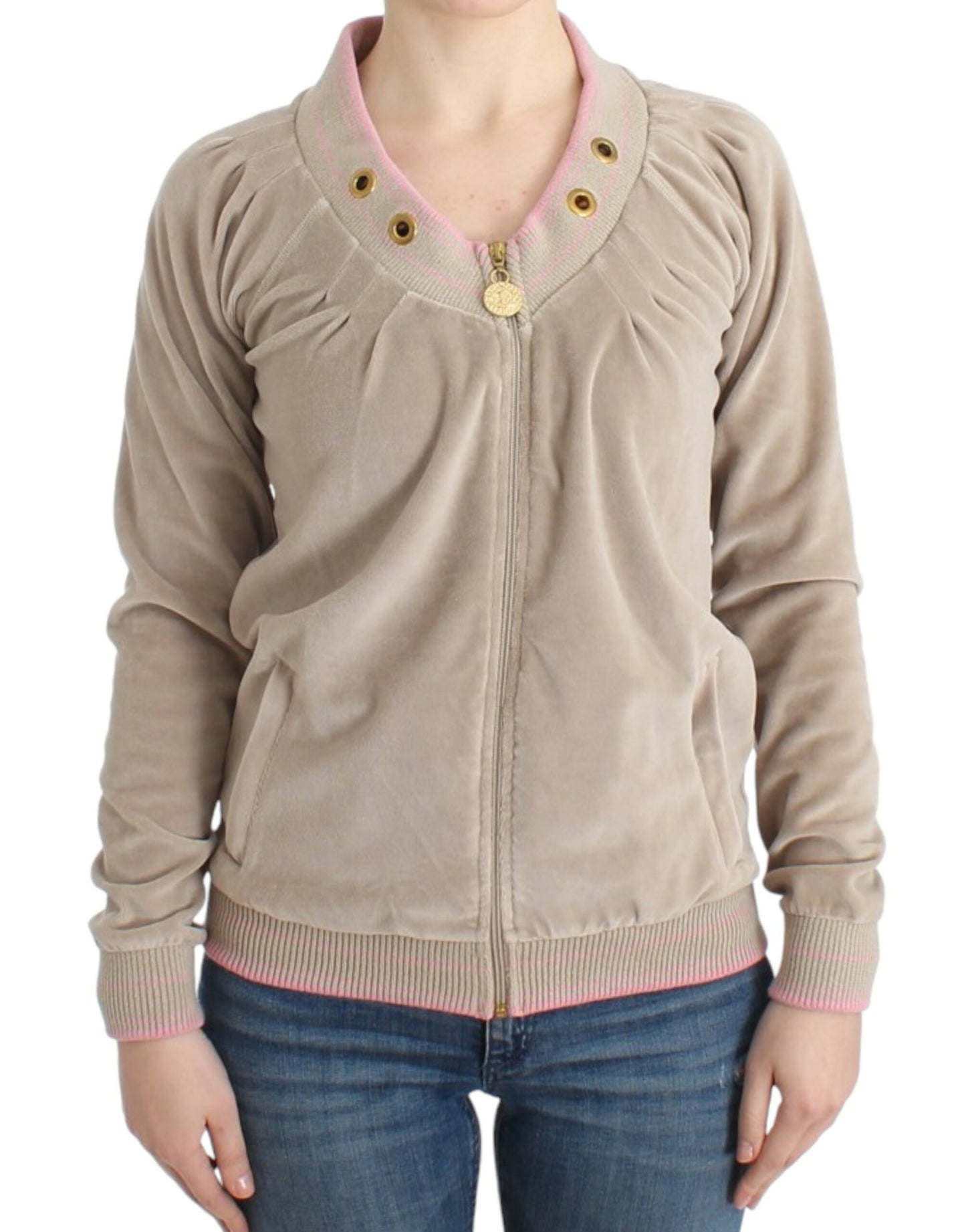 Cavalli Beige Samtpullover mit Reißverschluss