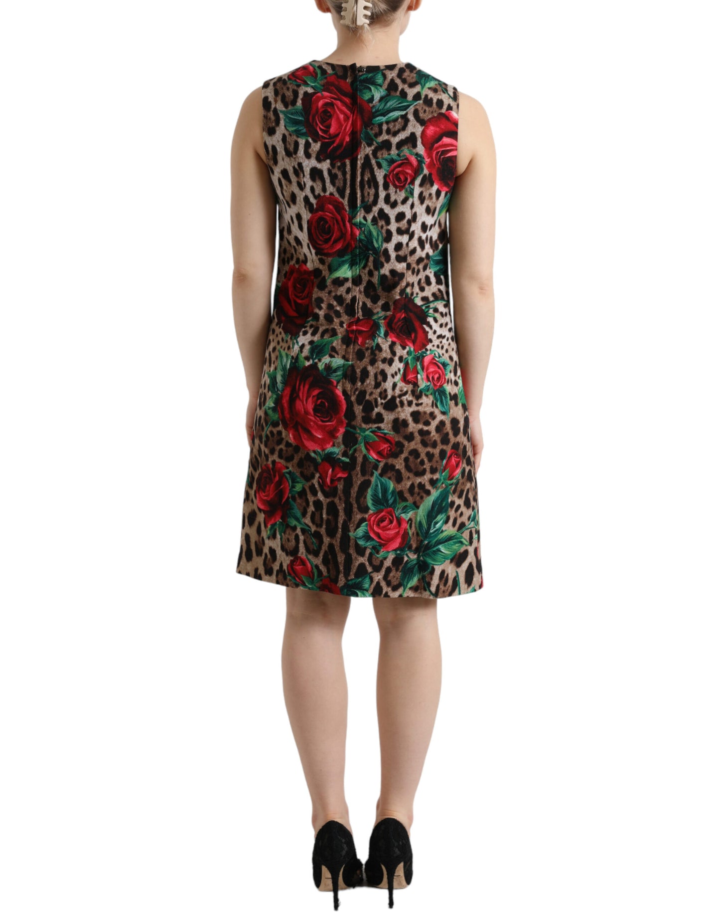 Dolce &amp; Gabbana Braunes A-Linien-Kleid aus Wolle mit Leopardenmuster und roten Rosen