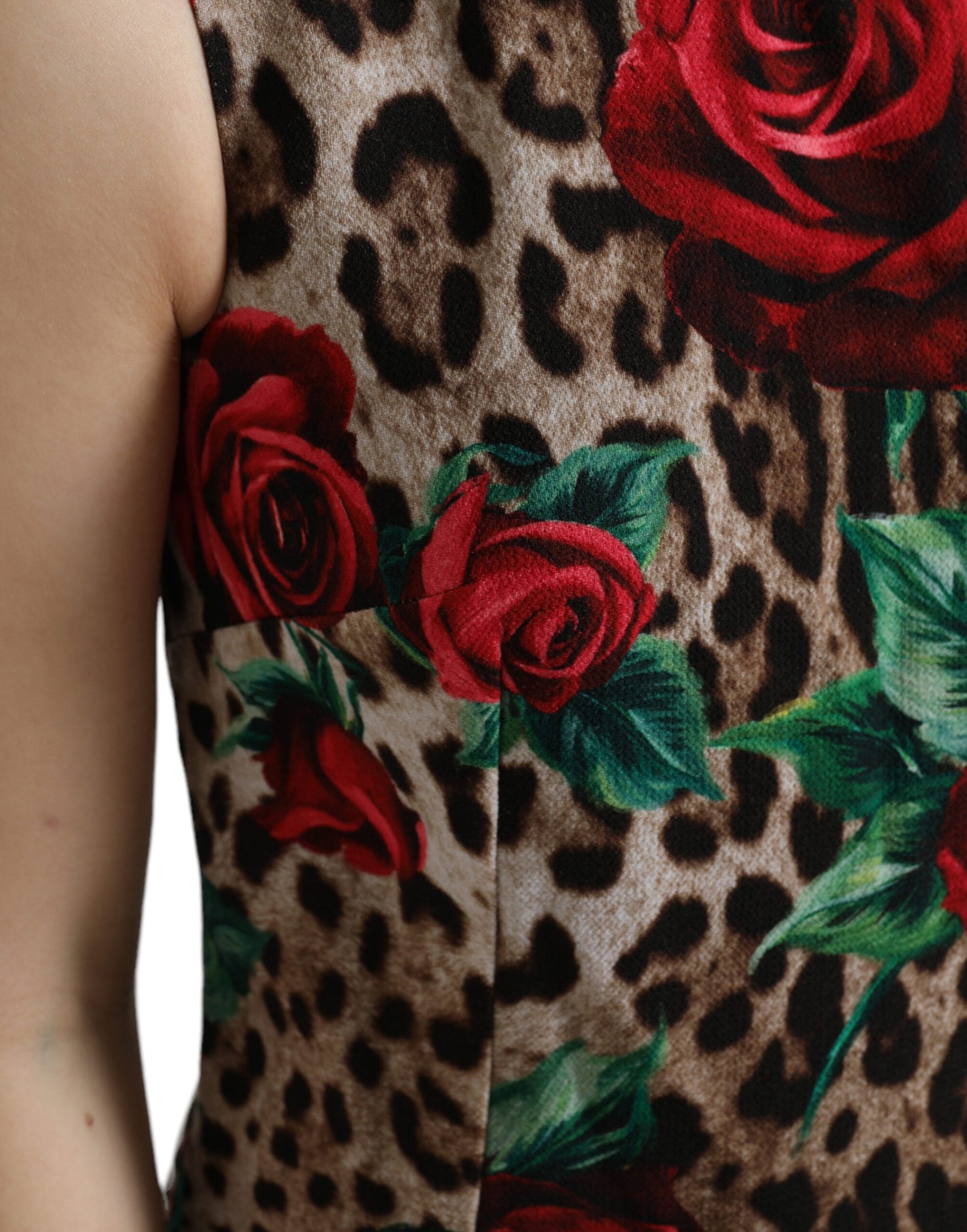 Dolce &amp; Gabbana Braunes A-Linien-Kleid aus Wolle mit Leopardenmuster und roten Rosen