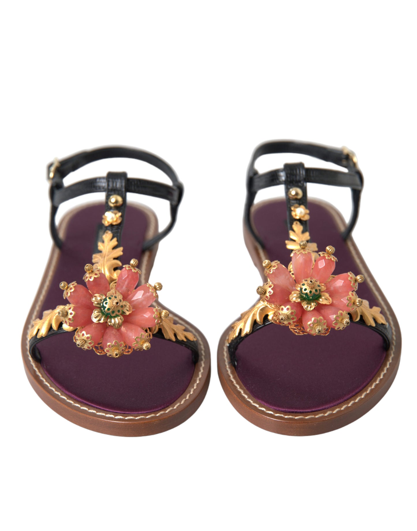 Dolce &amp; Gabbana Sandales en cuir noir avec cristaux dorés