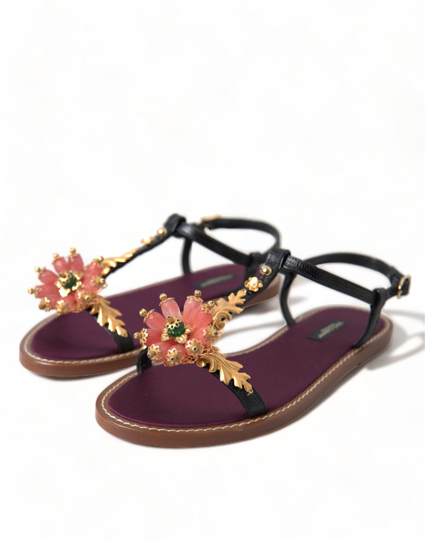 Dolce &amp; Gabbana Sandales en cuir noir avec cristaux dorés