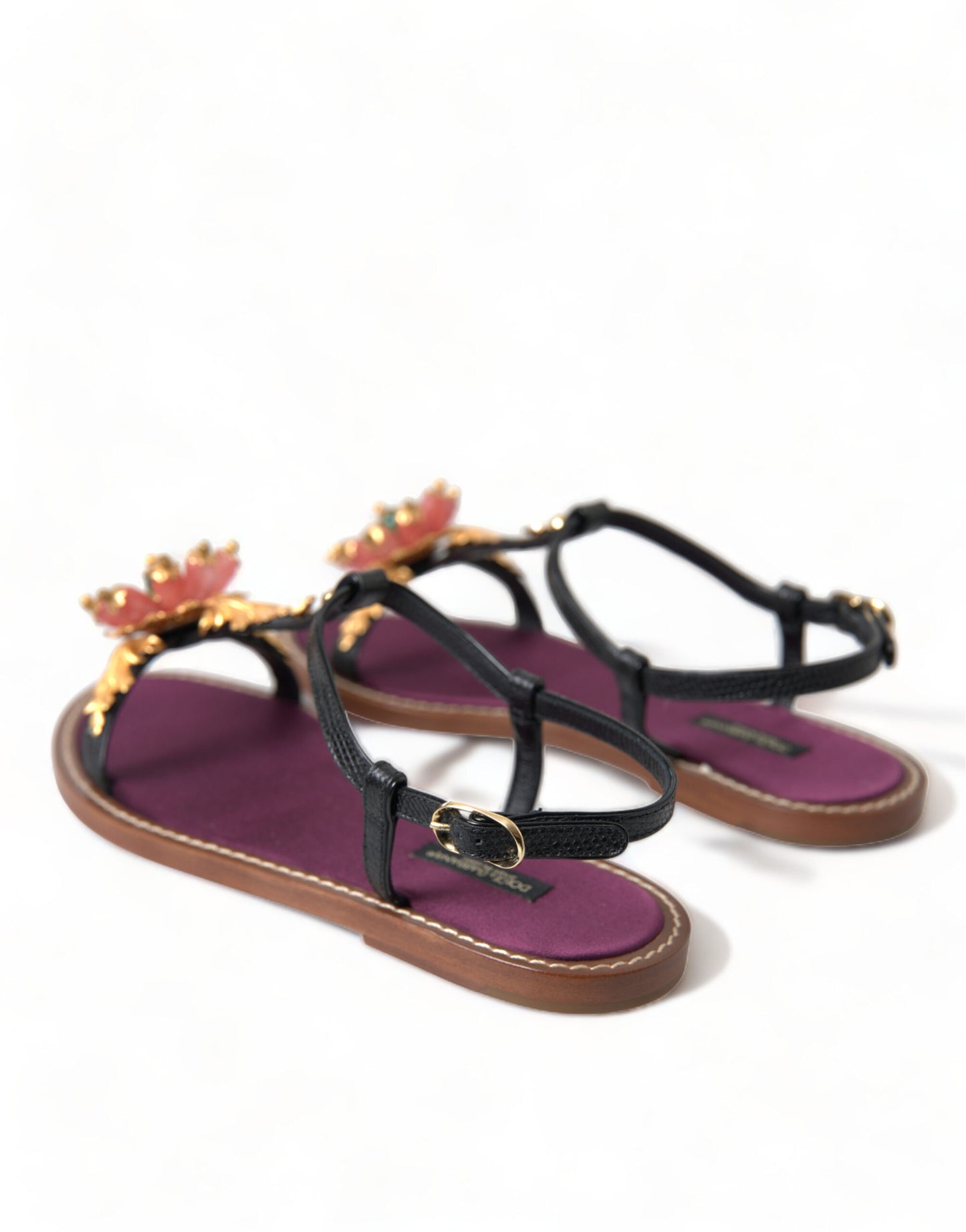 Dolce &amp; Gabbana Sandales en cuir noir avec cristaux dorés